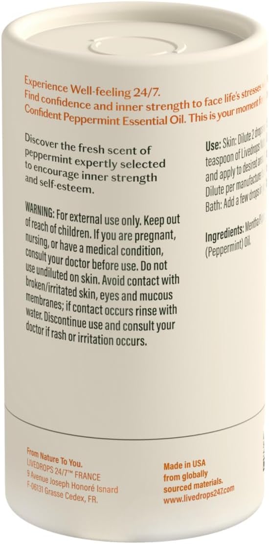 LIVEDROPS 24/7 Confident Peppermint Essential Oil. Made in USA Globally sourced Ingredients. Pure & Natural. Aromatherapy. Dilute in Carrier Oil for The Skin or use in a Diffuser