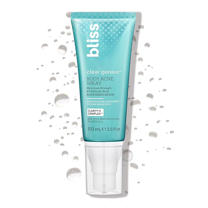 Bliss Acne-Prone Skin Bundle - Clear Genius Toner, Body Spray, Spot Treatment BHA Salicylic Acid and Clarifying Peel & Cleanser