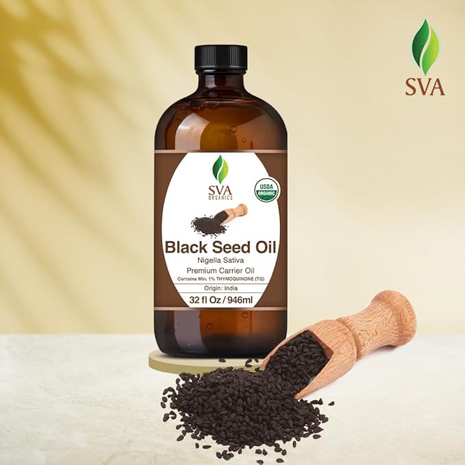 SVA Black Seed Oil Organic - 32 Fl Oz – 100% Natural Cold Pressed Organic Black Seed Oil - for Face, Skin Care, Hair Care, Scalp Massage & Body Massage – Carrier Oil