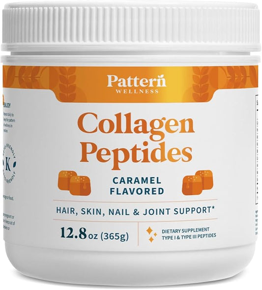 Pattern Wellness Collagen Peptides Powder (Type I & III) - Hair, Nails, Skin and Joint Health - Grass Fed & Pasture Raised - Hydrolyzed Collagen, Non-GMO, Dairy Free, & Keto - Caramel (13 Oz)