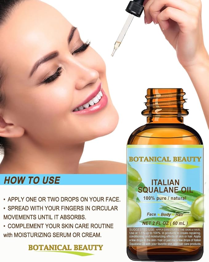 Botanical Beauty SQUALANE Italian Olive. 100% Pure/Natural/Undiluted Oil. 2 fl.oz- 60ml. 100% Ultra-Pure Moisturizer for Face, Body & Hair. Reliable 24/7 skincare protection