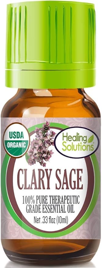 Healing Solutions Clary Sage Essential Oil, 0.33 oz (10ml), Pure, Organic, Undiluted for Hair Diffuser, & Skin, Therapeutic Grade Essential Oils