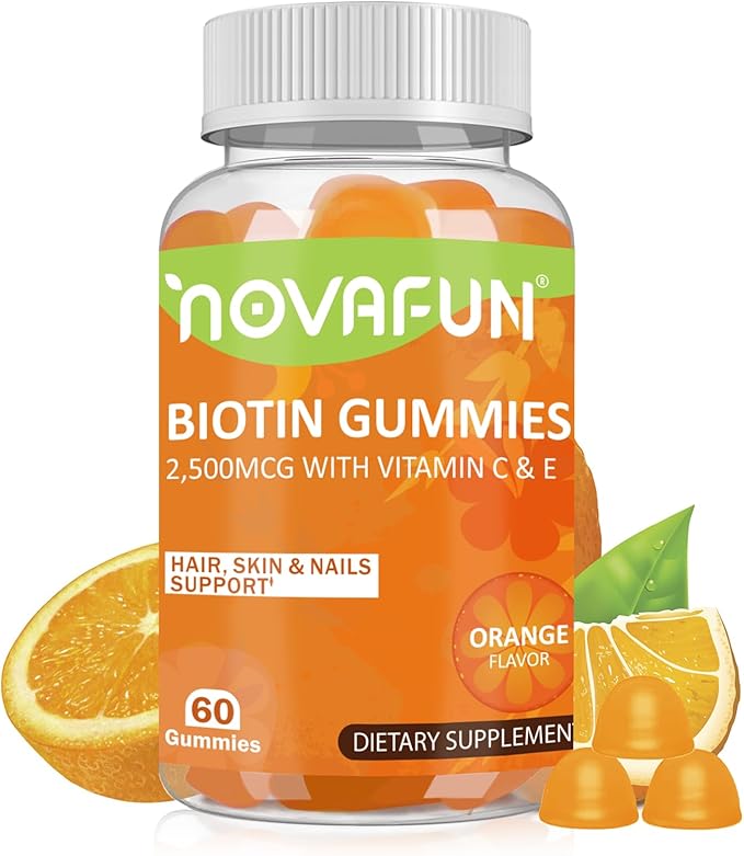 Vegan Biotin-Gummies for Hair, Skin & Nails, 2500 mcg Biotin with Vitamins C & E, for Women, Men & Kids, Gluten Free, Orange Flavor, 60 Gummies