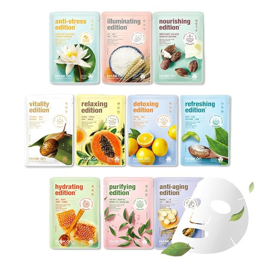 [MASK ON] Korean Moisturizing Face Masks Skincare (10 PACK) – Hydrating & Anti-aging Daily Care Facial Mask Bulk for All Skin Type with 10 Natural Ingredients - Great for Self care & Gift Box