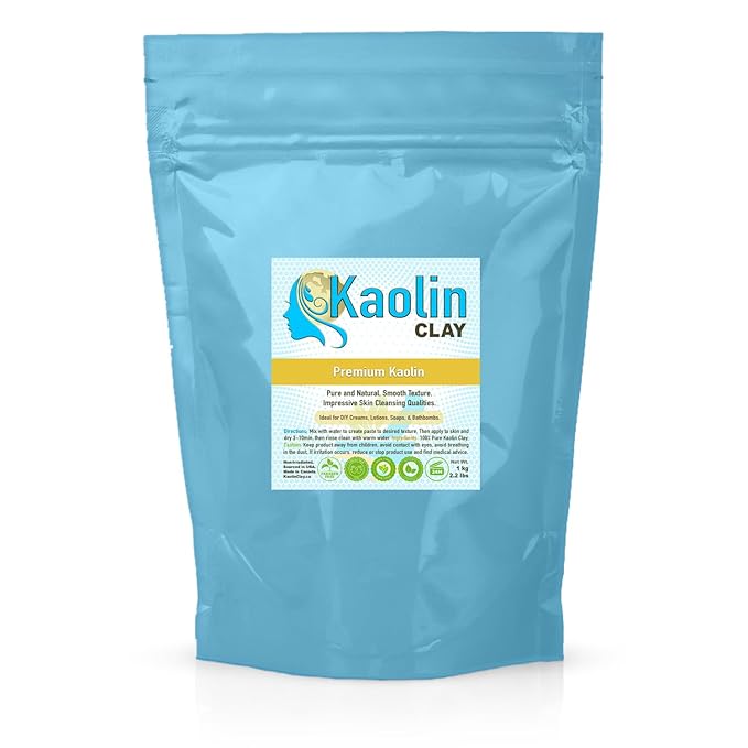 Pure Kaolin Clay - 100% Natural | 2.2 Pounds (1kg) | Smooth and Silky Texture, Easy Mixing, Perfect for Face, Body, and Bathbombs