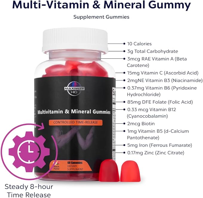 MAXIMIZE HQ Multi-Vitamin & Mineral Gummies - All Essential Vitamins & Minerals - Time-Release Formula - Fruit Juice Extract - Gluten Free
