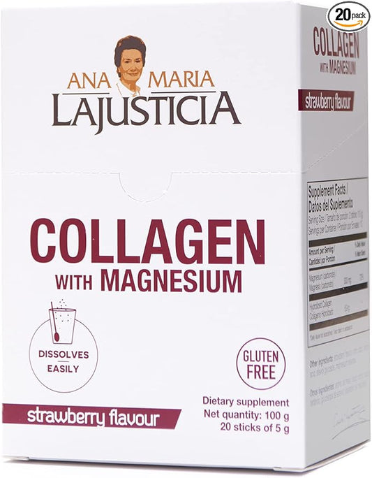 Ana Maria Lajusticia - Collagen + Magnesium Powder Sticks. Strawberry Flavour - Travel Pack. Hydrolized Collagen for Healthy Skin, Bones, Nails and Joints. Dairy, Gluten and Sugar Free.