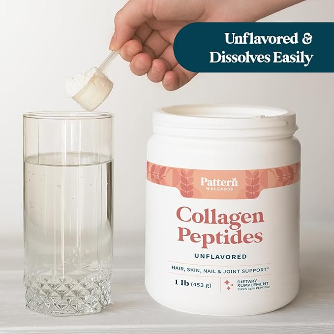 Pattern Wellness Collagen Peptides Powder (Type I & III) - Hair, Nails, Skin and Joint Health - Grass Fed & Pasture Raised - Hydrolyzed Collagen, Non-GMO, Dairy Free, & Keto - Unflavored (16 Oz)