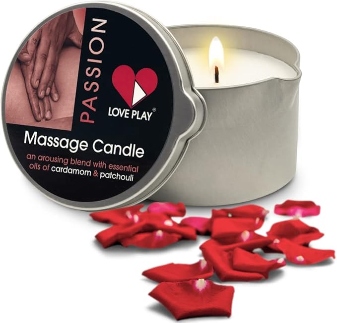 LOVE PLAY Massage Oil Candle for Pure Relaxation and Home SPA - Vegan Moisturizing Body Oil - Hydrating Skin Care with Essential Oils (6.76oz)