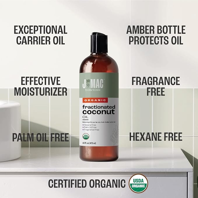 J Mac Botanicals, Organic Fractionated Coconut Oil (32 oz - 2 Pack 16 Ounce Bottles) Carrier Oil for diluting Essential Oils, Hair and Skin Conditioner, Massage