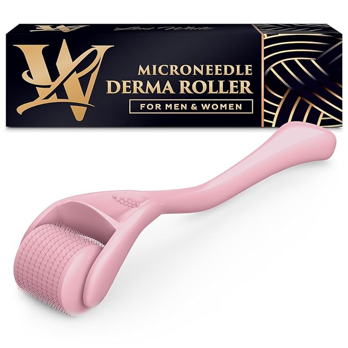 Derma Roller for Skin, Hair & Beard – Women and Men Titanium Microneedling Roller for Face & Scalp, Safe & Easy to Use - Pink