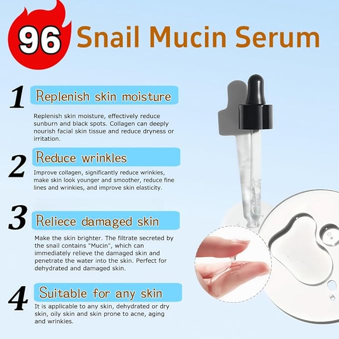 96 Snail Slime Facial Repair Serum, Facial Moisturizing Essence, Snail Secrete Filtrate for Darkening Skin and Fine Lines, Reducing Acne,Anti-aging Facial Serum 30ML