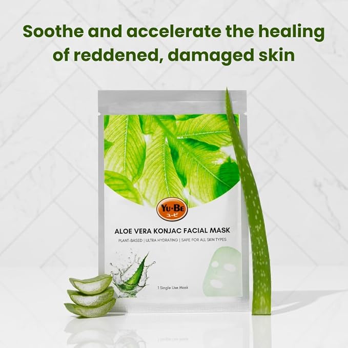 Yu-Be Facial Mask: Revitalizing Aloe Vera | Plant-Based Konjac Sheet Mask Soothes, Plumps, & Hydrates Face | Supports a Smoother-Looking Complexion | Supports Firmer, Hydrated Skin - 6 sheets