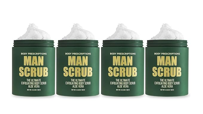 Body Prescriptions Men’s Exfoliating Body Scrub – Ultimate Skin Cleansing Wash in Jar with Twist-Top Lid, For All Skin Types, 21 Ounce (Pack of 4), Aloe Vera