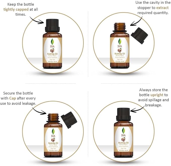 SVA Nutmeg Essential Oil – 1/3 Fl Oz – 100% Natural Nutmeg Oil - for Diffuser, Hair Care, Face, Skin Care, Aromatherapy, Scalp and Body Massage, Soap and Candle Making