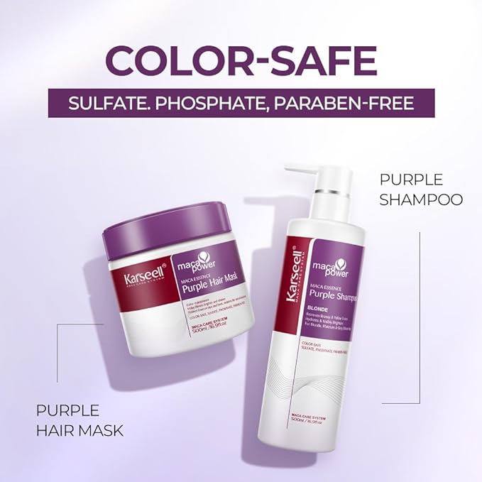 Karseell maca power Purple Hair Mask and Purple Shampoo Set, Neutralizes Brass & Yellow Tones for Blonde, Gray, Silver Color Treated Hair, 2 x 16.9floz