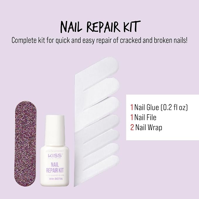 Nail Repair Kit for Damage, Broken, Cracked and Weak Nails - Biotin Infused Glue, File, and 2 Wraps - Made in Korea