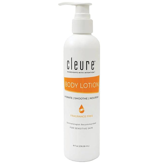 Cleure Body Lotion for Sensitive Skin - Daily Moisturizer with Shea Butter & Vitamin E - Fragrance Free, Gluten Free, Paraben Free (8 oz, Pack of 1)