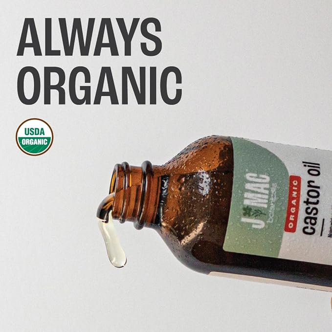 J MAC BOTANICALS, Organic Castor Oil Cold Pressed (Glass Bottle, 8 oz) pure unrefined, hexane free for face, skin, eyelashes, pack wraps, pads