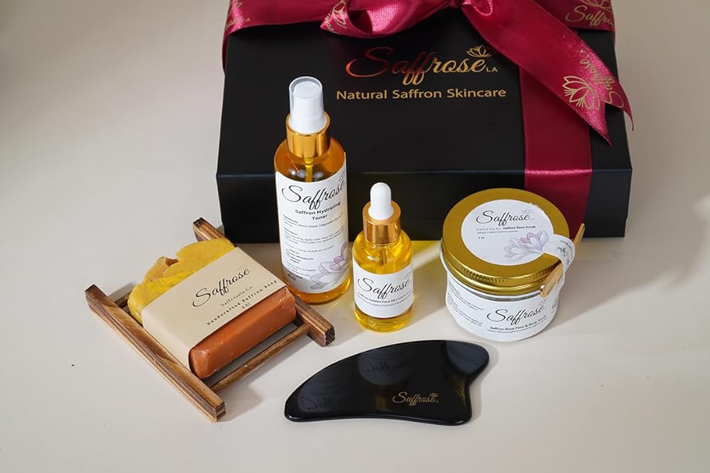 Handmade Saffron Skincare Gift Set, 5pc including Saffron Soap, Bamboo Soap Dish, Saffron Scrub, Saffron & Rose Facial Toner, Facial Oil, & Gua Sha