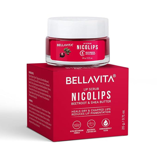 BellaVita Luxury NicoLips Lip Scrub 20gm | Lip Balm For Exfoliation & Dark Lip Moisturizing | With Goodness of Beetroot, Shea Butter & Walnut Lip Scrub | Lip scrubber exfoliator for Women and Men