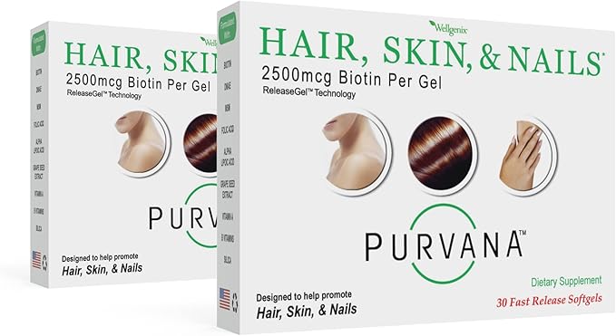 Wellgenix Purvana Hair, Skin, and Nails Vitamin - Softgels for High Absorption - Double Strength 2500mcg Biotin, VIT A & B (30 Count) (Pack of 2)