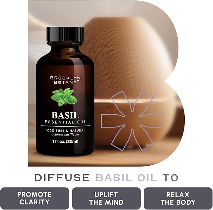 Brooklyn Botany Basil Essential Oil – 100% Pure and Natural – Premium Grade Oil with Dropper - for Aromatherapy and Diffuser - 1 Fl Oz