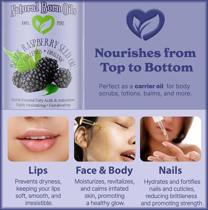 4oz Black Raspberry Seed Oil, 100% Pure and Natural, Cold-Pressed, Unrefined, Organic, for Healthy Skin and Hair - Includes Pump & Dropper