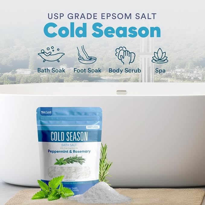 Cold Season Bath Salt 32 Ounces (2 Lbs) USP Grade Epsom Salt with Natural Rosemary and Peppermint Pure Essential Oils Plus Vitamin C in BPA Free Pouch with Easy Press Lock Seal Made in USA