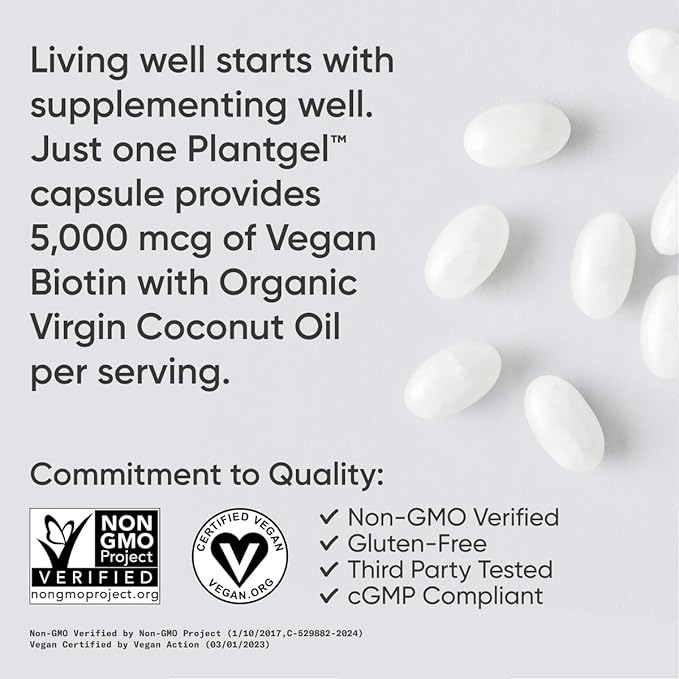 Sports Research Extra Strength Vegan Biotin (Vitamin B) Supplement with Organic Coconut Oil - Supports Keratin for Healthier Hair & Skin - Great for Women & Men - 5,000mcg, 30 Veggie Softgel Capsules