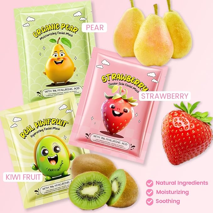 Kaely 6 Pack Fruit Face Masks for Kids, Kids Face Mask Spa Day kit Supplies, Spa Party Favors for Teens Girls Women, Sheet Facial Mask Skincare Gifts Set, Moisturize Soothe for All Skin Types, 02