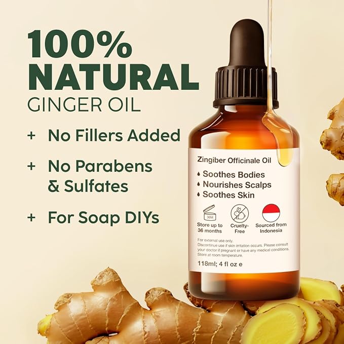 Kukka Ginger Essential Oil for Hair Skin & Massage - 4 Fl Oz - 100% Pure Natural for Soap Making Scent DIY, Spicy, Warming Scent, Nutrient Rich for More Healthy & Vibrant Lifestyle