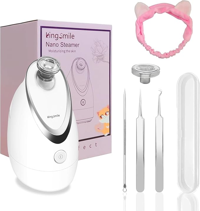Kingsmile Facial Steamer, 3 in 1 Face Steamer for Facial,Compact NanoSteamer with Aromatherapy,Face Humidifier - Adjustable Nozzle, Warm Mist Steamer for Home SPA, Stainless Steel Skin Kit & Headband