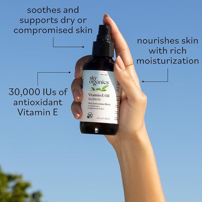 Sky Organics Vitamin E Oil Blend for Face, Organic Antioxidant Facial Oil, 30,000 IUs to Deliver Reparative Moisture and Soothe Dry, Damaged Skin, 100% Pure & Cold-Pressed, 3.97 fl oz, 117 ml