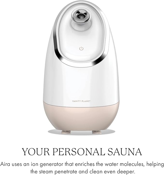 Vanity Planet Aira Ionic Facial Steamer (Beige) - Pore Cleaner That Detoxifies, Cleanses and Moisturizes - Adjustable Nozzle, Water Tank with 3 Essential Oil Baskets