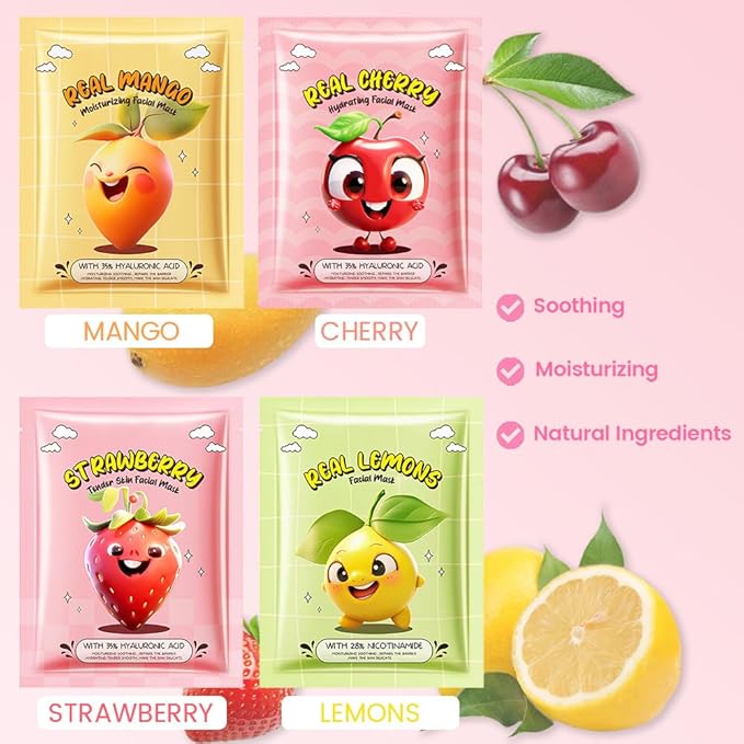 12 Pack Fruit Face Masks for Kids,Hydrating Face Mask For Sensitive Skin,Moisturize,Soothing,Nourish for All Skin Types,Natural Spa Party Facial Mask Skincare Set for Women Men Girls