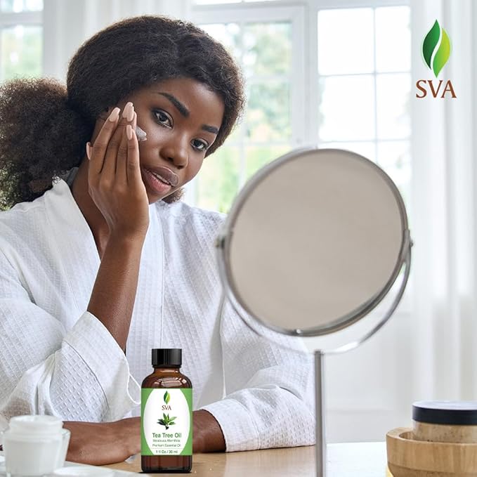 SVA Tea Tree Essential Oil – 1 Fl Oz – 100% Natural Tea Tree Oil - for Diffuser, Hair Care, Face, Skin Care, Aromatherapy, Scalp and Body Massage, Soap and Candle Making – with Dropper