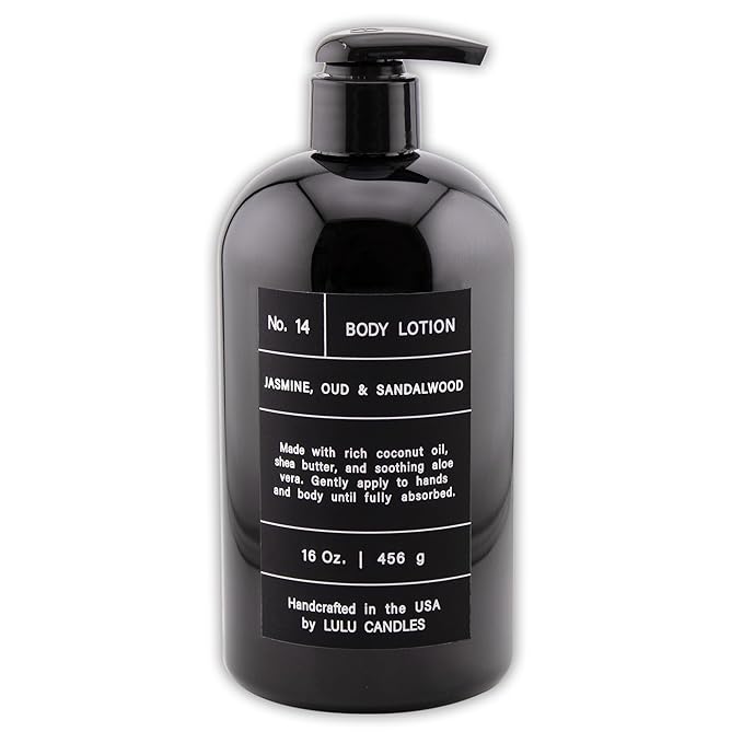 Lulu Candles | Jasmine, Oud & Sandalwood | Moisturizing Body Lotion | Soothing Shea Butter & Aloe | Gentle Lotion Nourishes Dry Skin With Moisture, No Paraben, Dye Free, Non-Greasy - 16 Fl. Oz.
