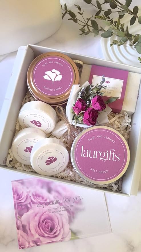 Rose & Jasmine Spa Gift Baskets for Women – Luxury Birthday Bath Gifts for Mom, Wife, Sister, Friend - Self-Care and Relaxation Mother’s Day Gifts - Gift Baskets for Her for All Occasions