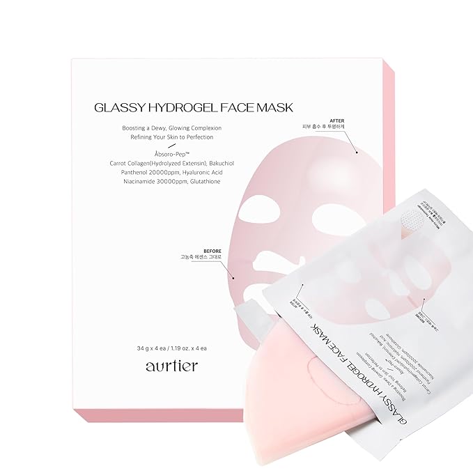 Glassy Hydrogel Face Mask, Deep Hydrating Overnight Hydrogel Mask for Dewy and Radiant Skin, Vegan Collagen, Preps Skin for Long-Lasting Makeup, Elasticity Improvement, 34g x4ea