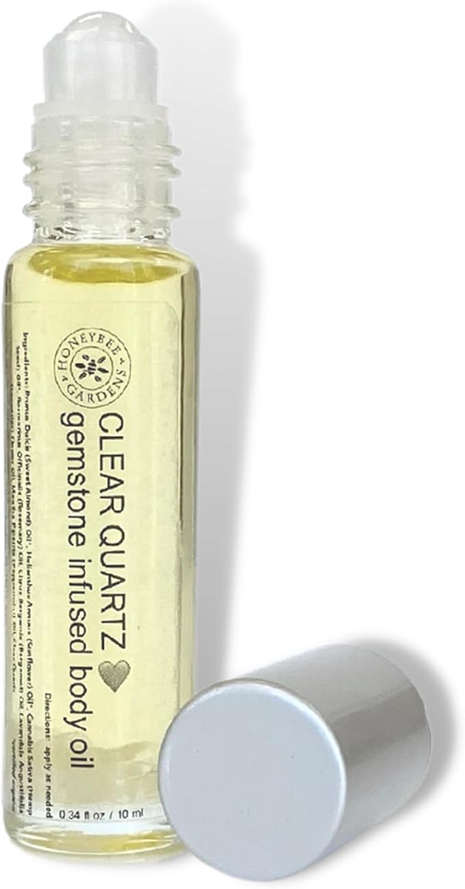 Honeybee Gardens Crystal Infused Body Oil Rollerball, Clear Quartz, Organic, Moisturizing, Non-Greasy, for All Skin Types, 2 Fl Oz