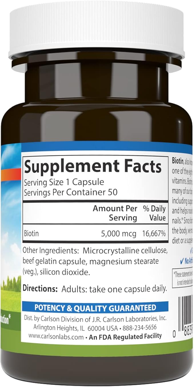 Carlson - Biotin, 5000 mcg, Healthy Hair, Strong Nails & Energy Production, 50 Capsules