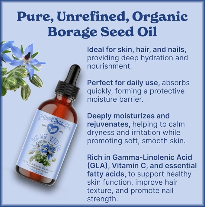 Natural Born Oils Borage Seed Oil, 8oz, Organic, Cold-Pressed, Carrier Oil, Omega-6 Rich, Skin Moisturizer, Hair Health Enhancer