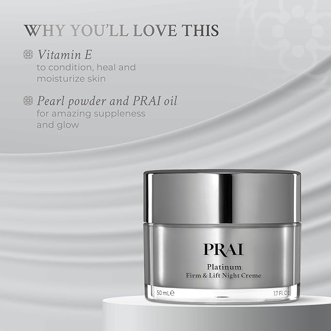 PRAI Beauty Platinum Firm & Lift Night Creme, Anti-Aging and Hydrating Night Face Moisturizer for Women, Hydrating and Revitalizing Night Cream, Overnight Face Lotion, 1.7 Oz
