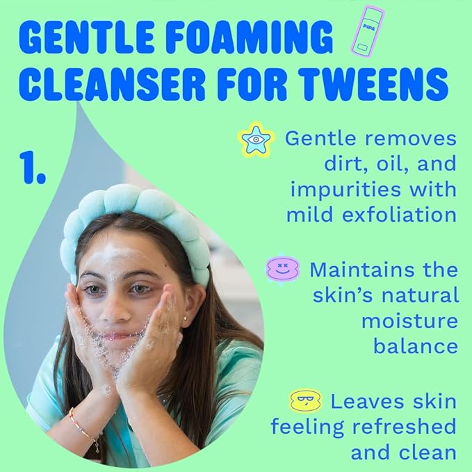 Skincare Start Young Bundle Gift Set | 3-Step Gentle Skin Care Routine for Tweens | Alcohol-Free & Safe | Includes Squeaky Clean Foam Cleanser, Smooth Operator Moisturizer & Glow Go Facial Mist