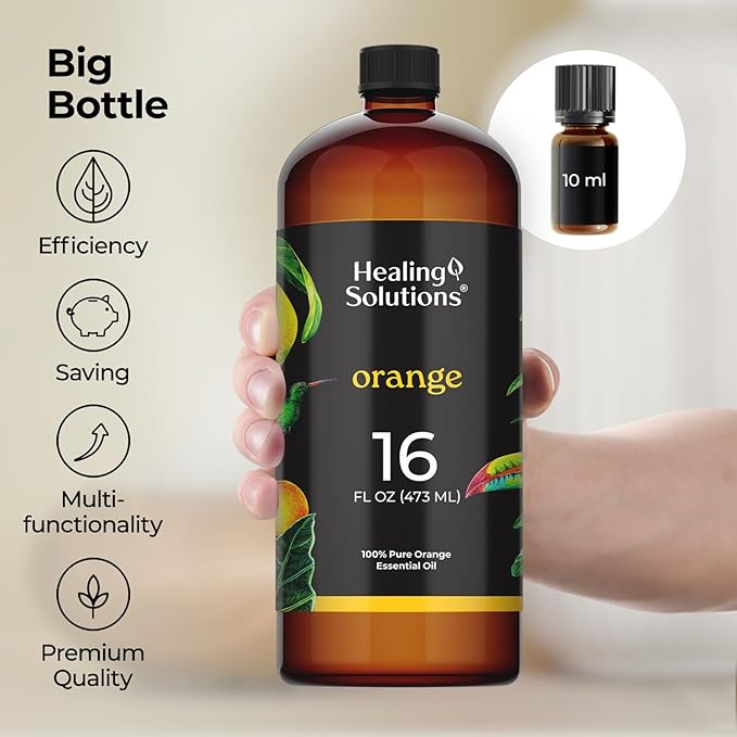 Healing Solutions Orange Essential Oil Bulk, 16oz - 100% Pure Large Bottle of Sweet Orange Essential Oil for Cleaning & More - Orange Essential Oil for Skin - Citrus Essential Oil Bulk