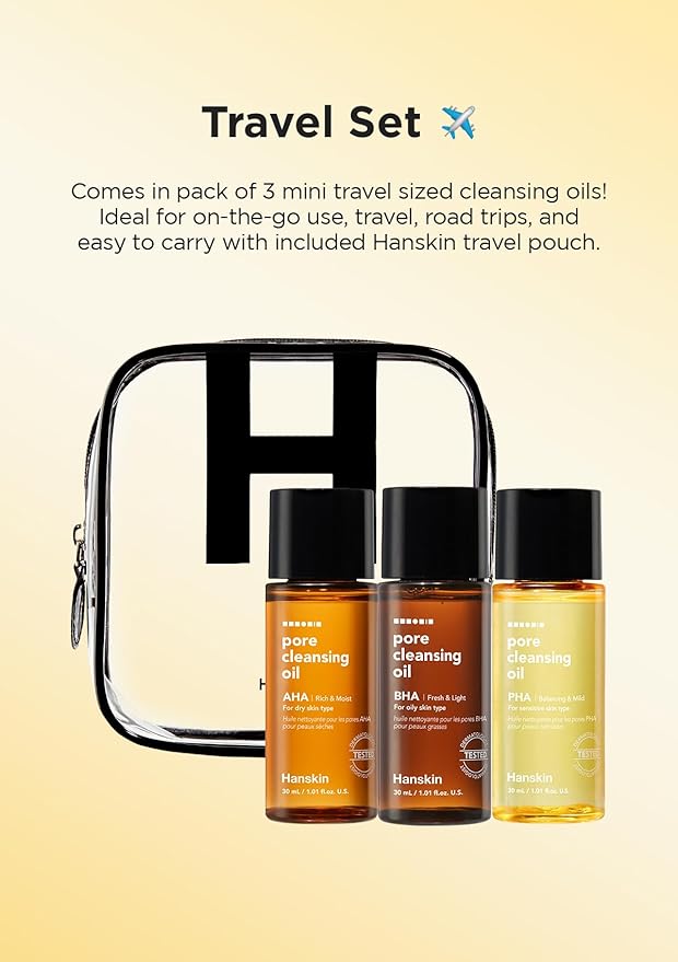 Hanskin PHA/BHA/AHA Trial Size Pore Cleansing Oil, Gentle Blackhead Cleanser and Makeup Remover for Combination and Oily Skin Travel Size Mini Makeup Remover Set [1 oz/Pack of 3]