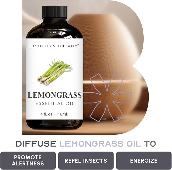 Brooklyn Botany Lemongrass Essential Oil - Huge 4 Fl Oz - 100% Pure and Natural - Premium Grade with Dropper - for Aromatherapy and Diffuser