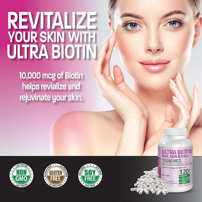 Bronson Hair, Skin & Nails with Biotin Extra Strength Vitamin Supplement for Women + Ultra Biotin 10,000 Mcg