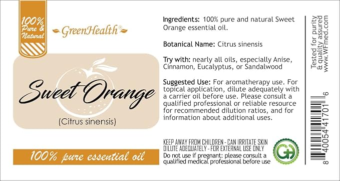 GreenHealth - Sweet Orange Essential Oil - 16 fl oz - Aluminum Bottle - 100% Essential Oil, Uncut